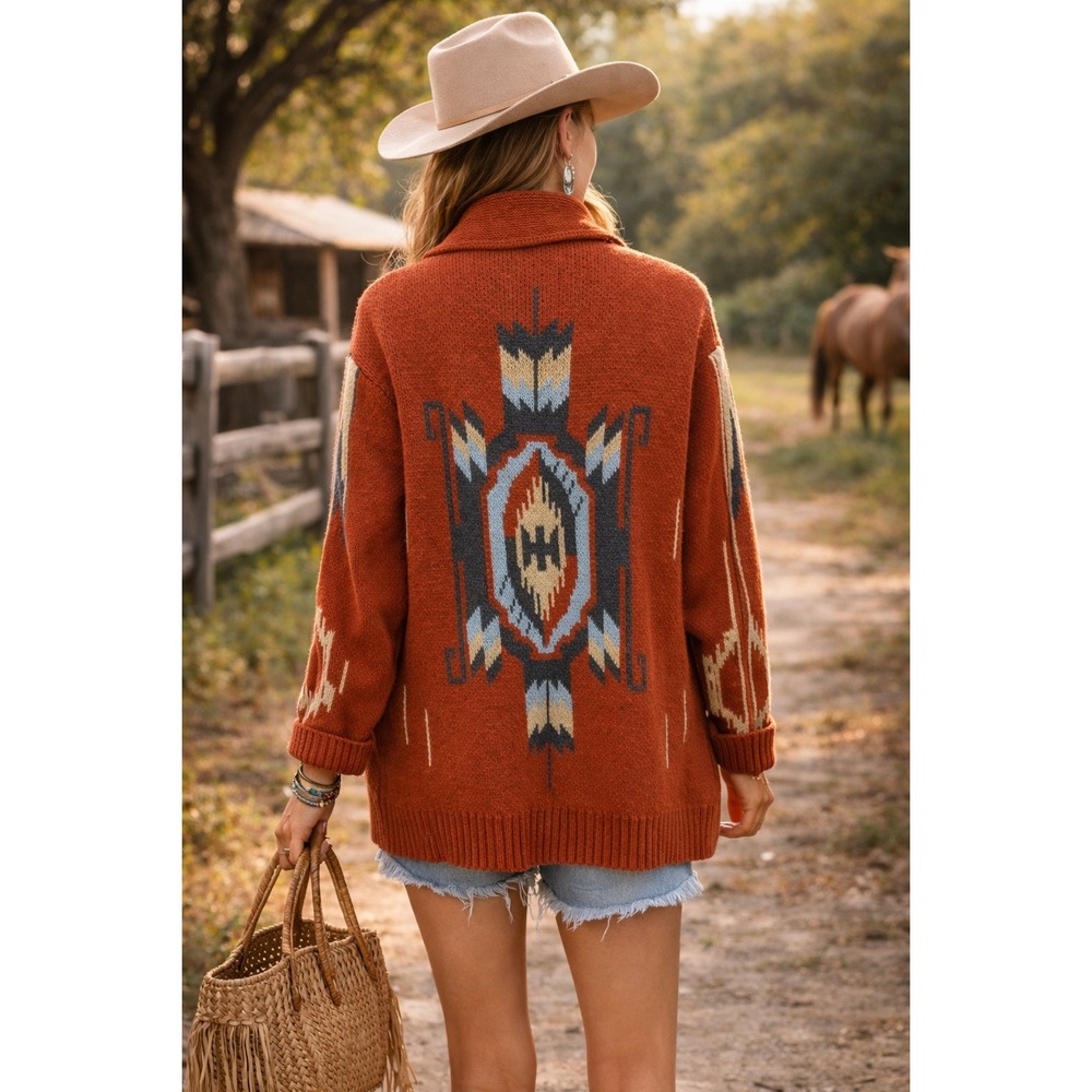 Boho Southwestern Rodeo Farm‎ ShawlCollar Orange Button Front S Cardigan Sweater